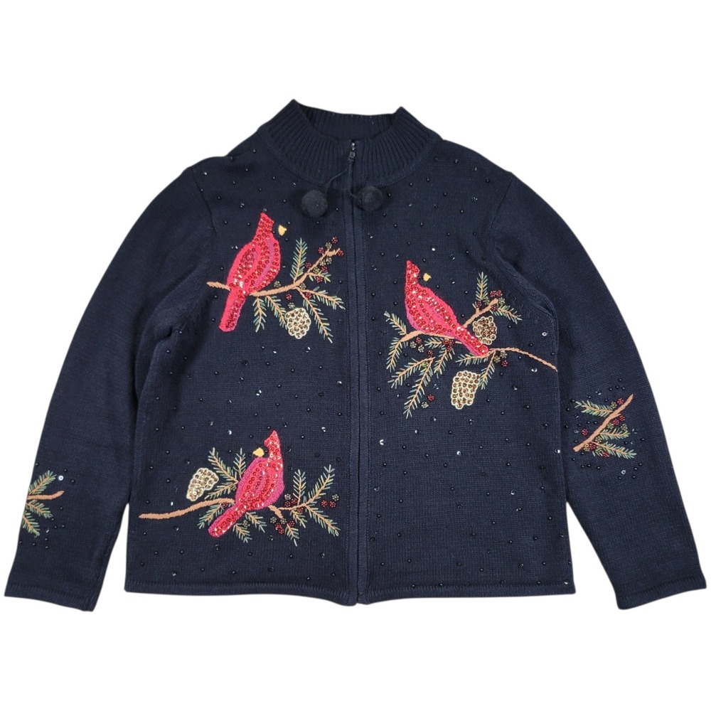 Tiara International Cardigan Womens L Black Cardinal Beaded Christmas Sweater